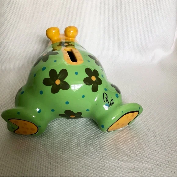 Ganz ceramic green frog piggy bank flowers polka dots EUC hand painted - Picture 11 of 14